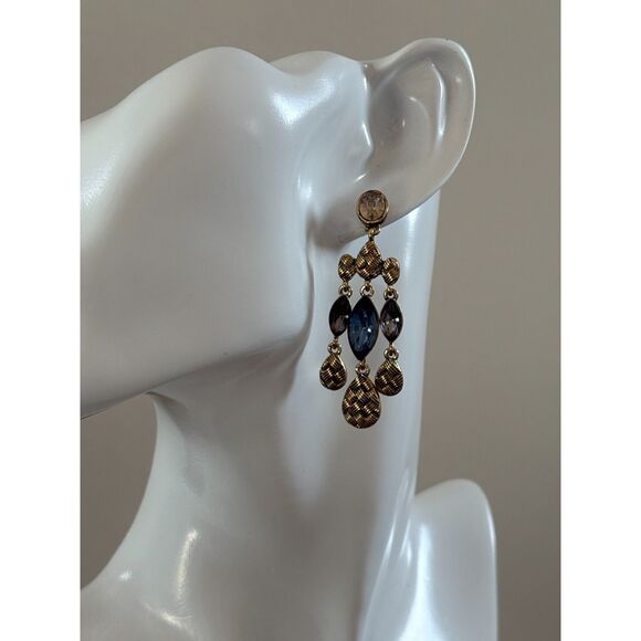 Gold Tones & Blue Rhinestone Chandelier Earrings NWT 2" - Picture 3 of 5